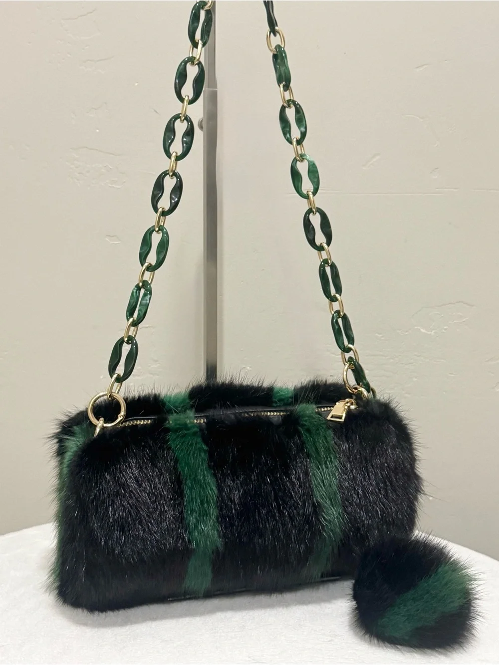 Colorblock Real Mink Fur Handcrafted Barrel Bag/Crossbody & Fur Ball Bag Charm